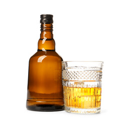 Bottle and glass of rum on white background