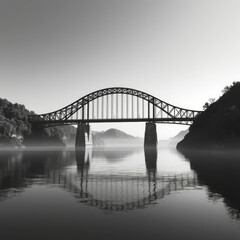 Naklejka premium bridge over river in black and white landscape, outdoor scene, monochrome image, river view, water reflection, serene atmosphere