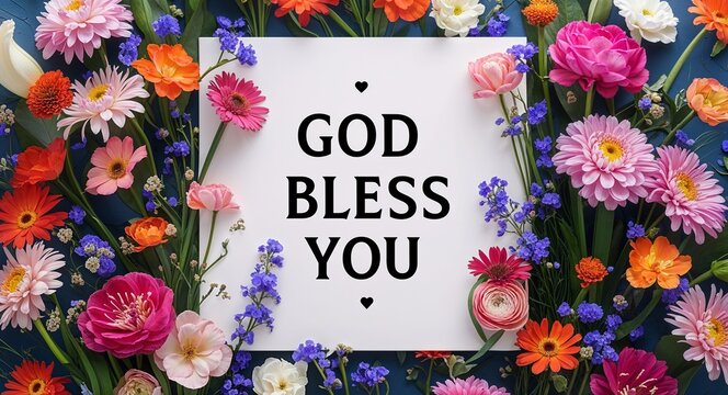 God bless you lettering on plain white card on bouquet of flowers background