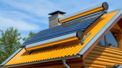 Modern Solar Panels on a Brightly Colored Roof of a Residential Home Featuring an Innovative Design and Renewable Energy Solution Under a Clear Blue Sky