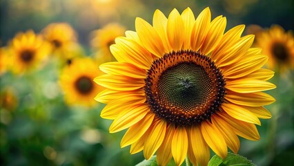 Fototapeta premium Bright yellow sunflower with dark brown center and large petals, farm life, garden flowers, garden design, flower illustrations