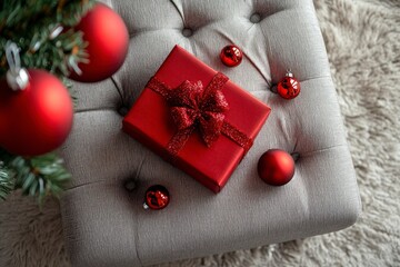 Red Christmas Gift Box with Ornaments on Grey Ottoman
