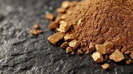 Cocoa powder, gold nuggets, dark slate, close-up, food