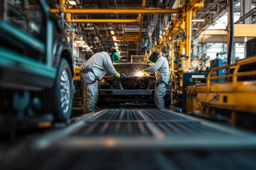 Portrait of welder at assembly line industry, Selective focus man with welding machine and safety welding helmet in industrial factory.