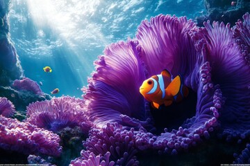 Obraz premium Vibrant Clownfish in Purple Anemone Underwater Scene