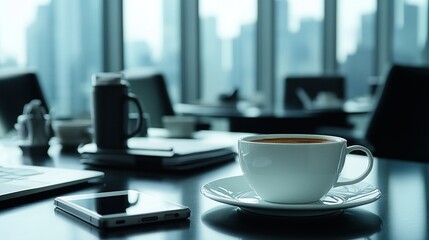 Coffee, laptop, phone, meeting, city view, office, table, work