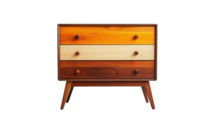 stylish wooden dresser with three horizontal drawers in varying shades of wood. showcasing a modern design the dresser stands on tapered legs. making it a functional and aesthetic addition to home dec