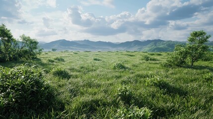 Obraz premium Serene Meadow Landscape: Rolling Hills Under a Cloudy Sky