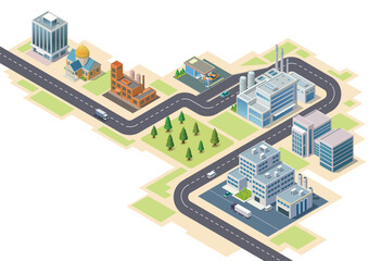 Isometric modern building with road and vehicle.