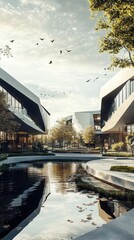 Fototapeta premium Modern Architectural Design Featuring a Reflecting Pond