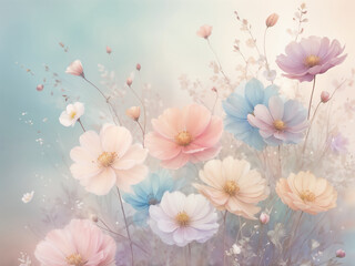 Abstract Dreamy pastel colored floral background with delicate flowers and blurred effect, serene ambiance