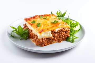 Italian Lasagna with bolognese and bachamel Sauce on white Background Hot Tasty Lasagna with Parmesan Cheese Restaurant menu recipe Top view copy space for text