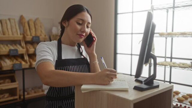 Woman working in a bakery talking on the phone while taking notes with bread displayed in the background and natural light coming in.