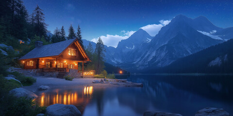 Fototapeta premium Cozy lakeside cabin retreat at night serene mountain landscape nature photography tranquil environment scenic viewpoint relaxation concept
