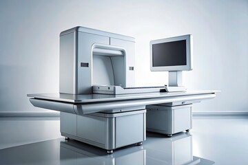 Fototapeta premium Minimalist Tech: Scanner, Monitor, Machine - Clean Desk Setup, Futuristic Office, Digital Workstation, Simple Technology