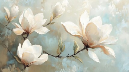 Elegant white magnolia blossoms on soft abstract background