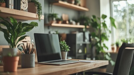 Fototapeta premium Serene Home Office Workspace with Abundant Greenery
