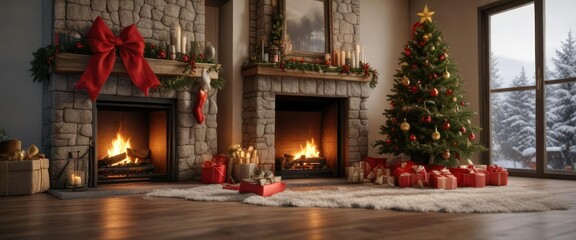 Fototapeta premium Christmas tree in front of fireplace with a large red bow, holiday season, decorative accent