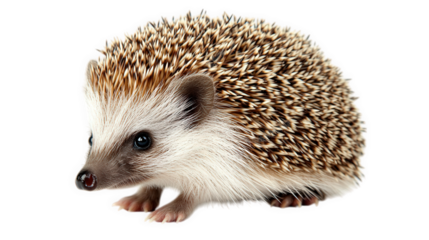 cute hedgehog with a spiky coat. showcasing its distinctive quills and small face the hedgehog is positioned on a white background. emphasizing its features and making it an appealing subject for anim