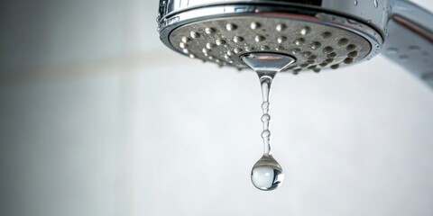 Close-up of a single shower water drop falling from the showerhead, liquid, suspended