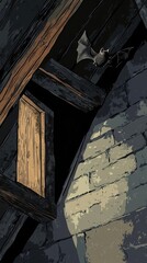 Obraz premium Bat in Attic Wooden Beams and Brick Wall