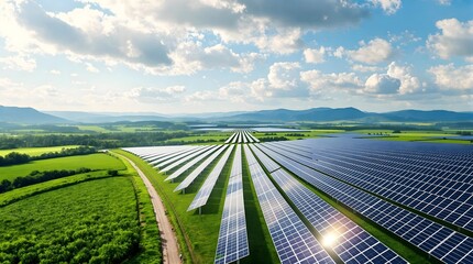 A field of solar panels gleams in the sunlight, background, symbolizing sustainable energy production. Expansive solar farm sun's energy, natural environment, wallpaper