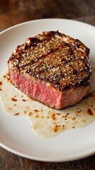 Close up of well-seasoned steak on a ceramic plate, ceramic, close up, delicious, dinner, steak