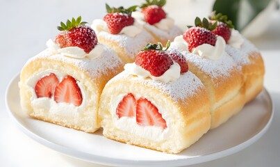 Whipped cream and fresh strawberries. Each piece of cake has the perfect combination of cream and strawberries, Generative AI