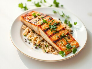 Close-up shot of a plate with grilled salmon and quinoa garnished with an assortment of colorful herbs, set against a bright and airy background, gourmet, natural