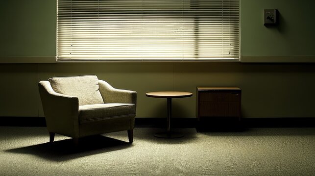 A vintage armchair sits opposite a small table, near a window with blinds. Ideal for concepts of waiting, therapy, or quiet contemplation.