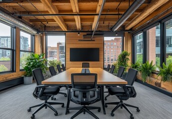 Obraz premium Modern wood conference room with large windows and city view.