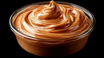 Creamy caramel swirl, glass bowl, dark background, dessert topping