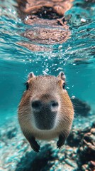 A curious capybara swims underwater in a vibrant blue environment, showcasing its cute and playful nature. The bubbles and light refractions add a serene and lively atmosphere to the image.