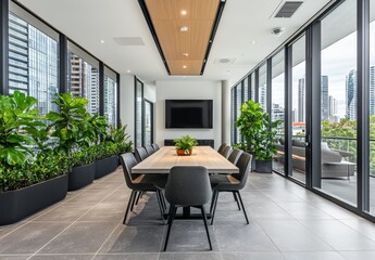 Fototapeta premium Modern, bright meeting room with large windows, city view, and indoor plants.
