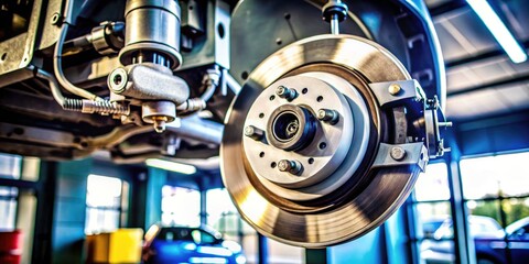 Fototapeta premium Precision Focus on Vehicle Disc Brake and Suspension Maintenance in Minimalist Style for Automotive Enthusiasts