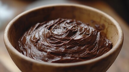 Creamy chocolate frosting in wooden bowl, kitchen setting