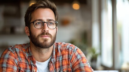 Obraz premium Thoughtful man with glasses and a beard wearing a casual plaid shirt, sitting indoors by a window, gazing into the distance with a contemplative expression.