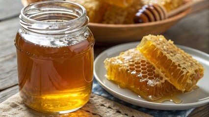 Close-Up of Honey in Jar with Honeycomb 