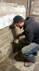 Man Repairing A Basement Wall With Mortar