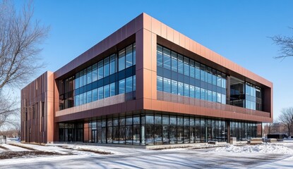 Obraz premium Modern copper-clad office building on a snowy day.