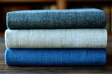 Stacked Fabric Rolls: Blue, Gray, Beige