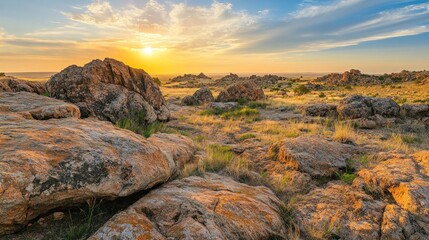 Sunrise over the rocky plains of Texas, golden hour illuminating the vast landscape, showcasing the beauty of nature's untouched wonders.