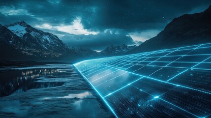 Nighttime solar panels glowing with bioluminescent edges, futuristic renewable energy tech concept in a surreal landscape.