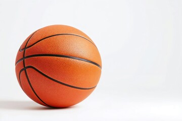 A close-up of an orange basketball with black lines on a plain white background, highlighting its texture and simple geometric design.