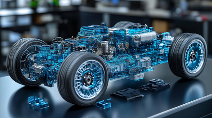 A dynamic 3D digital model of a modern hydrogen car with semi-transparent elements showcasing its internal design against a minimalistic bright white background with an empty caption space on the side