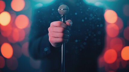 Brit Awards concept. Close up of a singer s hand holding a prestigious music award on a sparkling stage