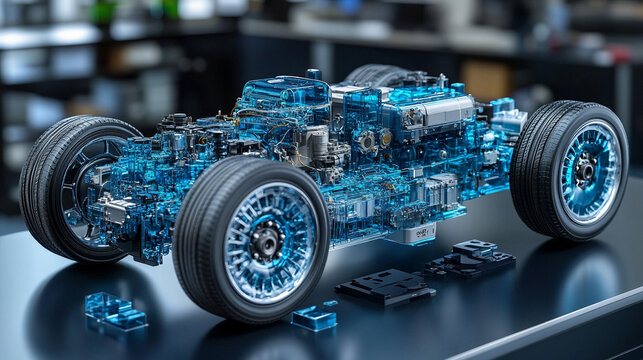 A dynamic 3D digital model of a modern hydrogen car with semi-transparent elements showcasing its internal design against a minimalistic bright white background with an empty caption space on the side - Powered by Adobe