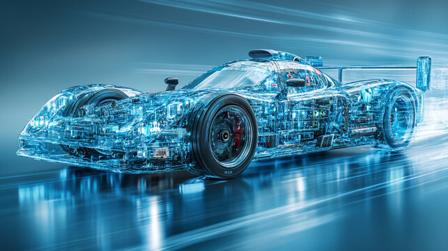 A dynamic 3D digital model of a modern hydrogen car with semi-transparent elements showcasing its internal design against a minimalistic bright white background with an empty caption space on the side