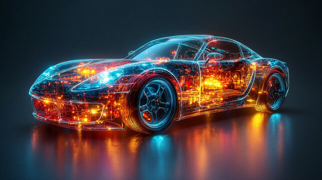 A dynamic 3D digital model of a modern hydrogen car with semi-transparent elements showcasing its internal design against a minimalistic bright white background with an empty caption space on the side