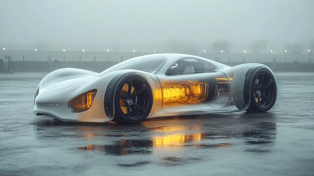 A dynamic 3D digital model of a modern hydrogen car with semi-transparent elements showcasing its internal design against a minimalistic bright white background with an empty caption space on the side